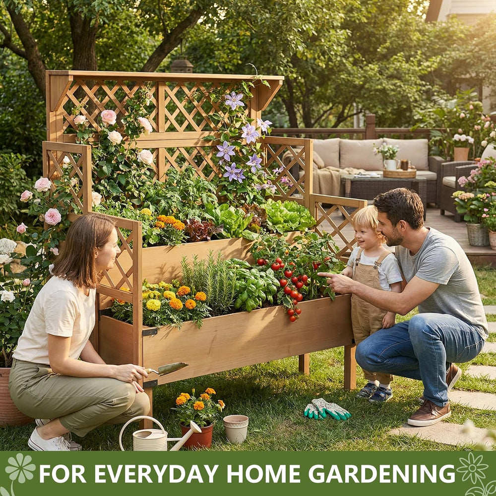 Raised Garden Bed with Trellis, 2-Tier Elevated Planter Box, Wooden Outdoor P...