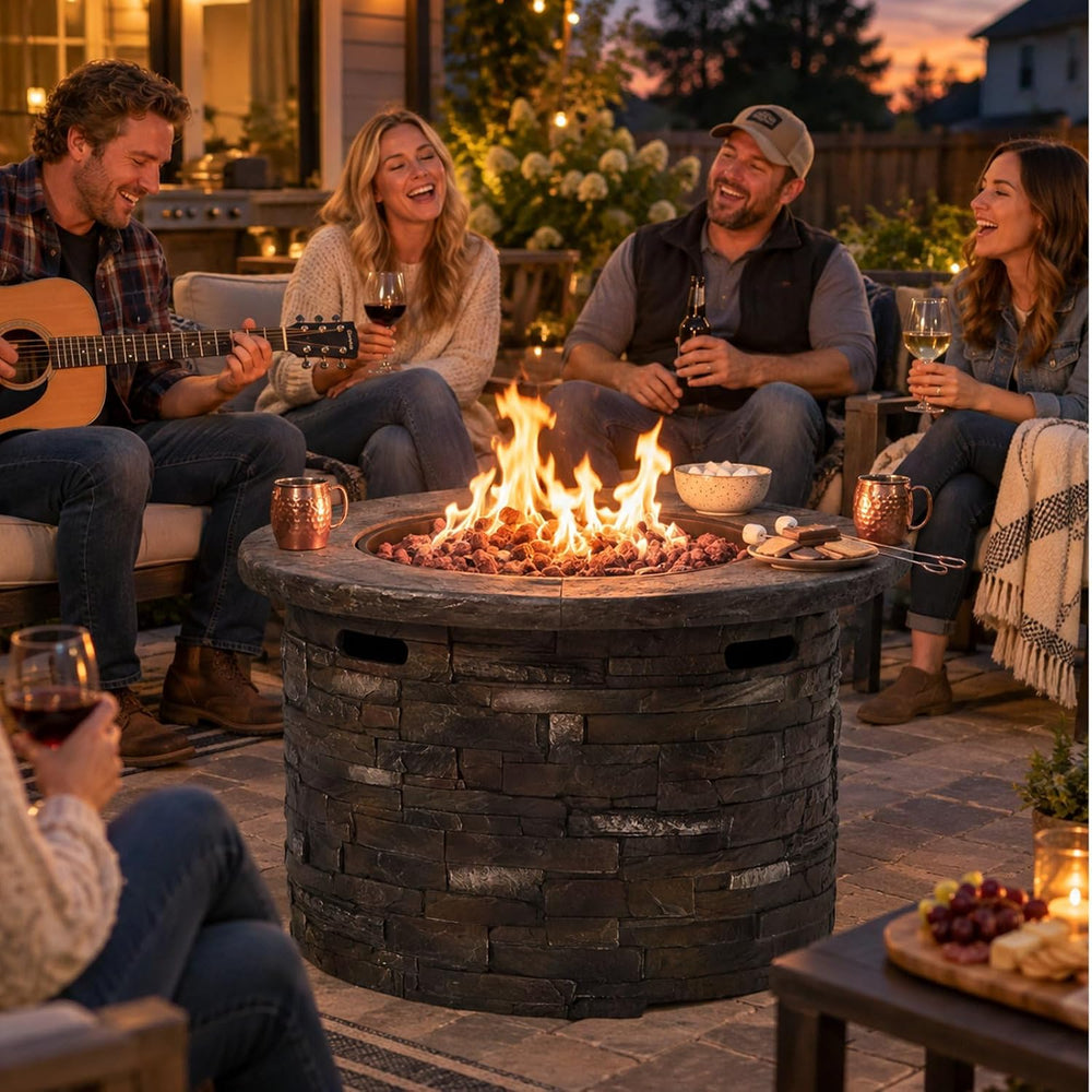 33" Propane Gas Fire Pit Table, 40,000 BTU Round Outdoor Concrete Fire P...