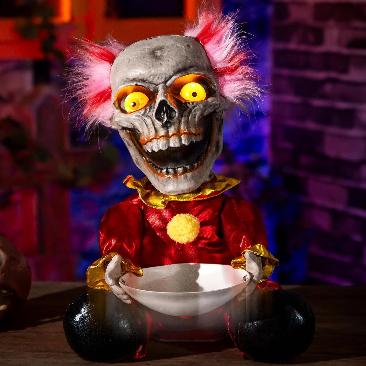 Halloween Animatronic Face Ripping Clown Decorations, Sound Activated Demonic Clown Figure with Flip-Up Skull, Creepy Voice Circus Prop for Indoor Outdoor Haunted House Yard Party Table Decor