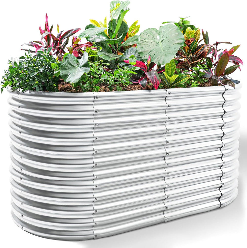 Land Guard 6x3x3ft Oval Galvanized Raised Garden Beds, Large-Capacity Metal P...