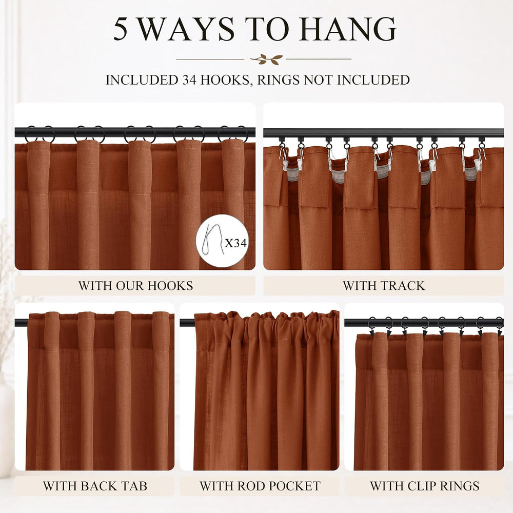 Jowels Terracotta Linen Curtains 102 Inches Long 2 Panels for Living Room