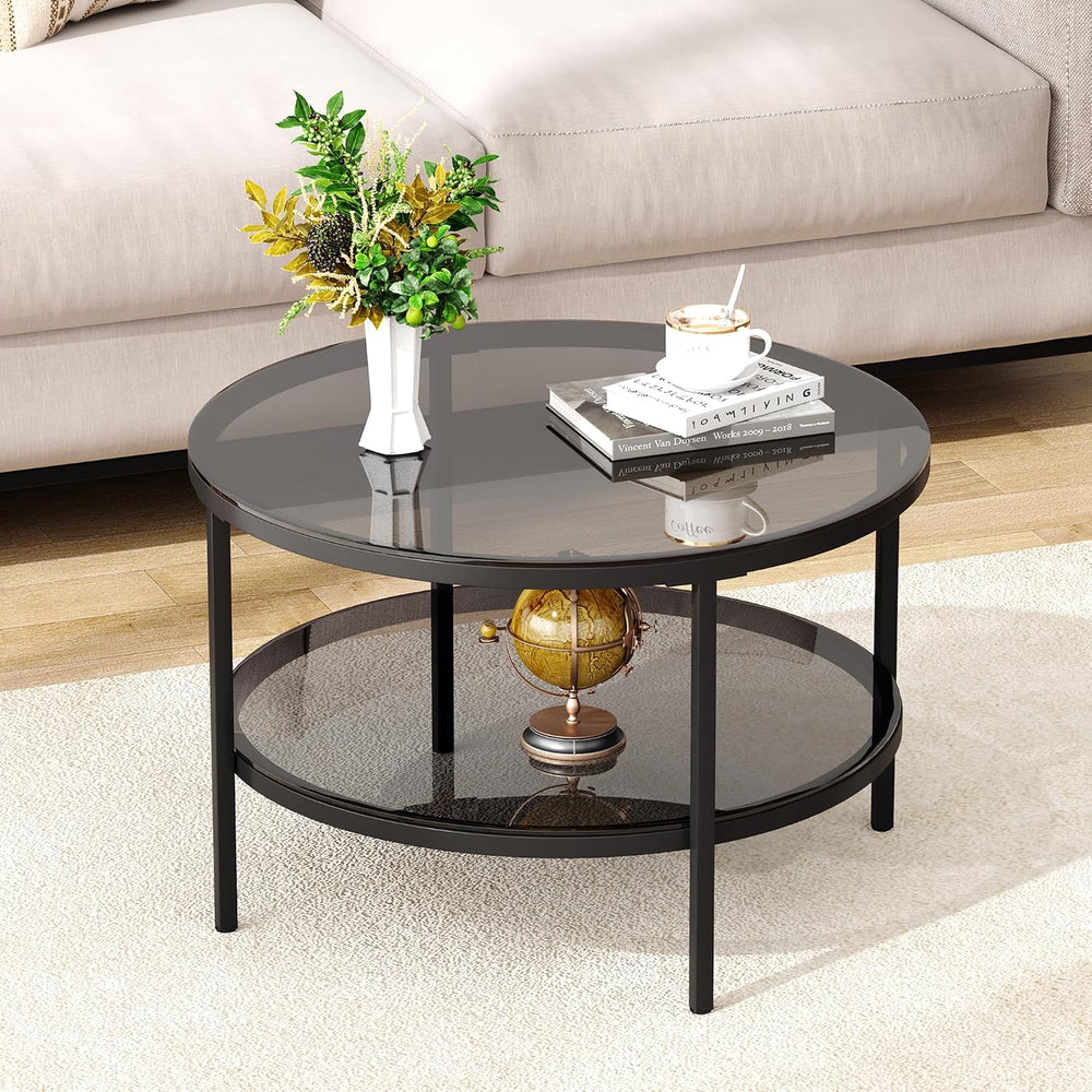 Yusong Round Glass Coffee Tables for Living Room, 2-Tier Circle Coffee Table ...