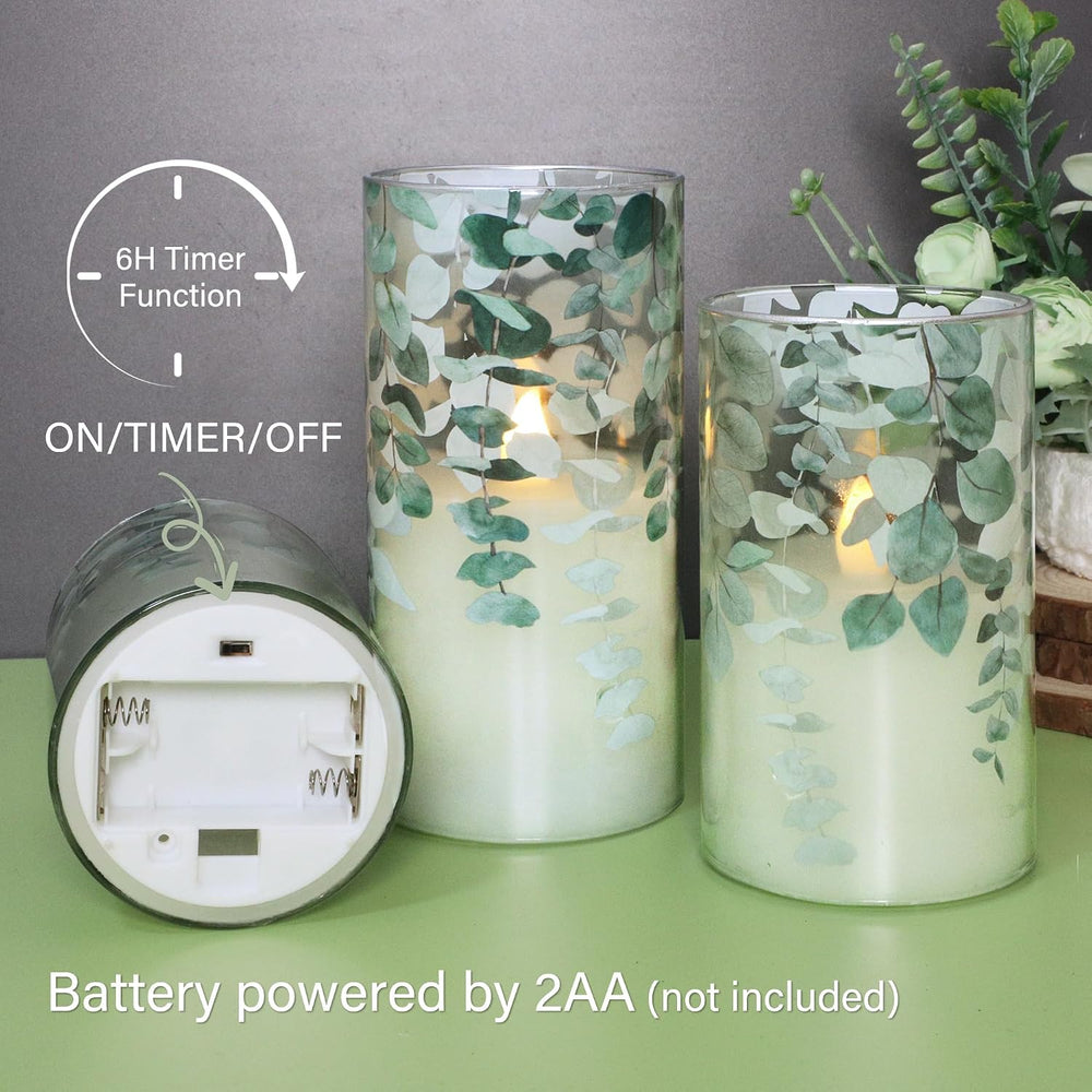 Green Glass Flameless Candles Remote Timer Eucalyptus Leaves Greenery Design ...