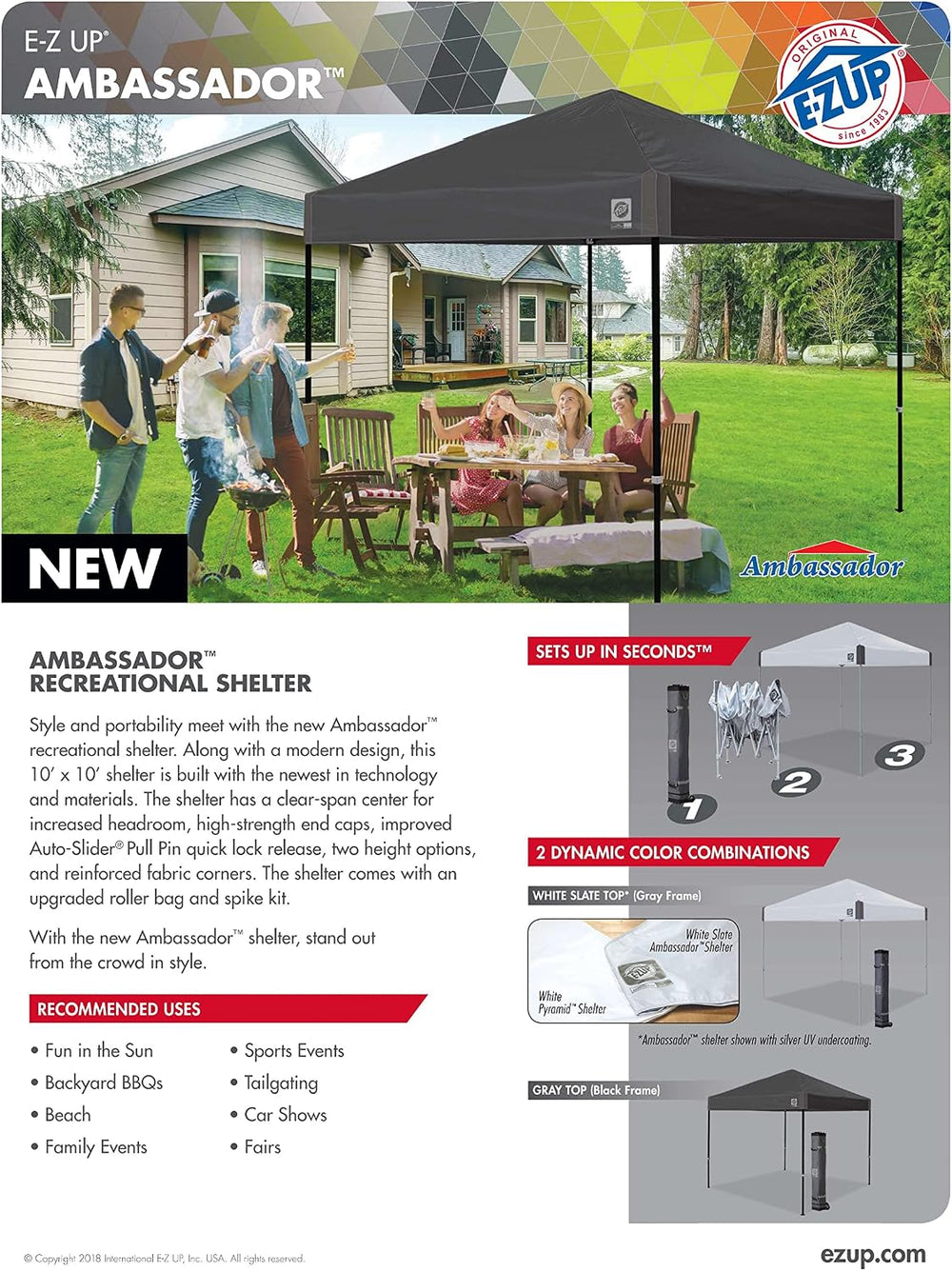E-Z UP Ambassador Instant Pop Up Canopy Tent, 10' x 10', Roller Bag a...