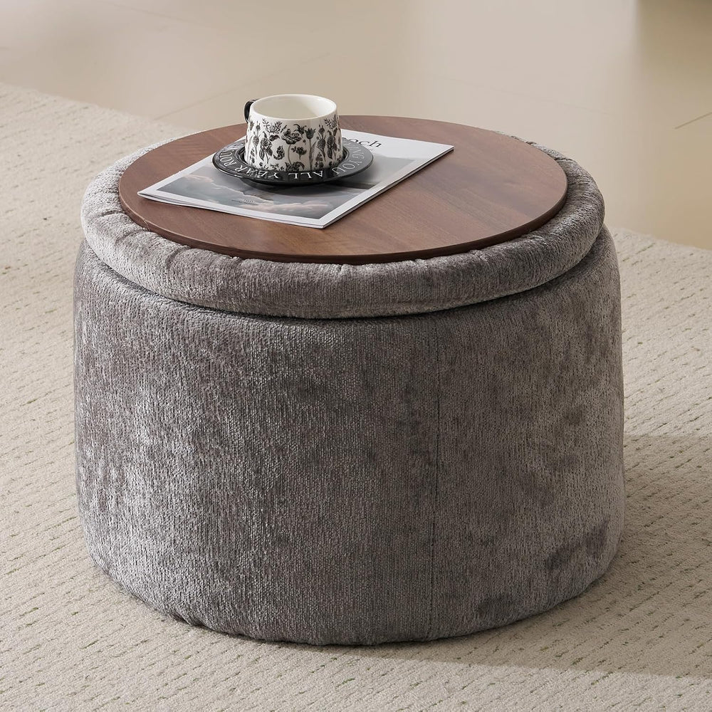 Modern Round Storage Ottoman with Reversible Tray Lid,Chenille Ottoman Foot S...