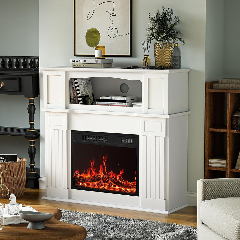 43 inch Electric Fireplace with Mantel, LED Lights Strip, White