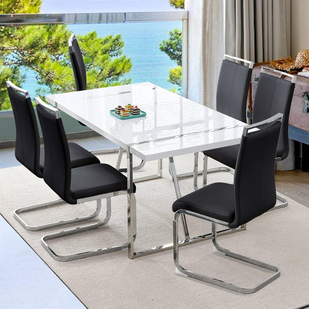 Ebullient Dining Table Set for 6，White Rectangular MDF Kitchen Table and Leat...