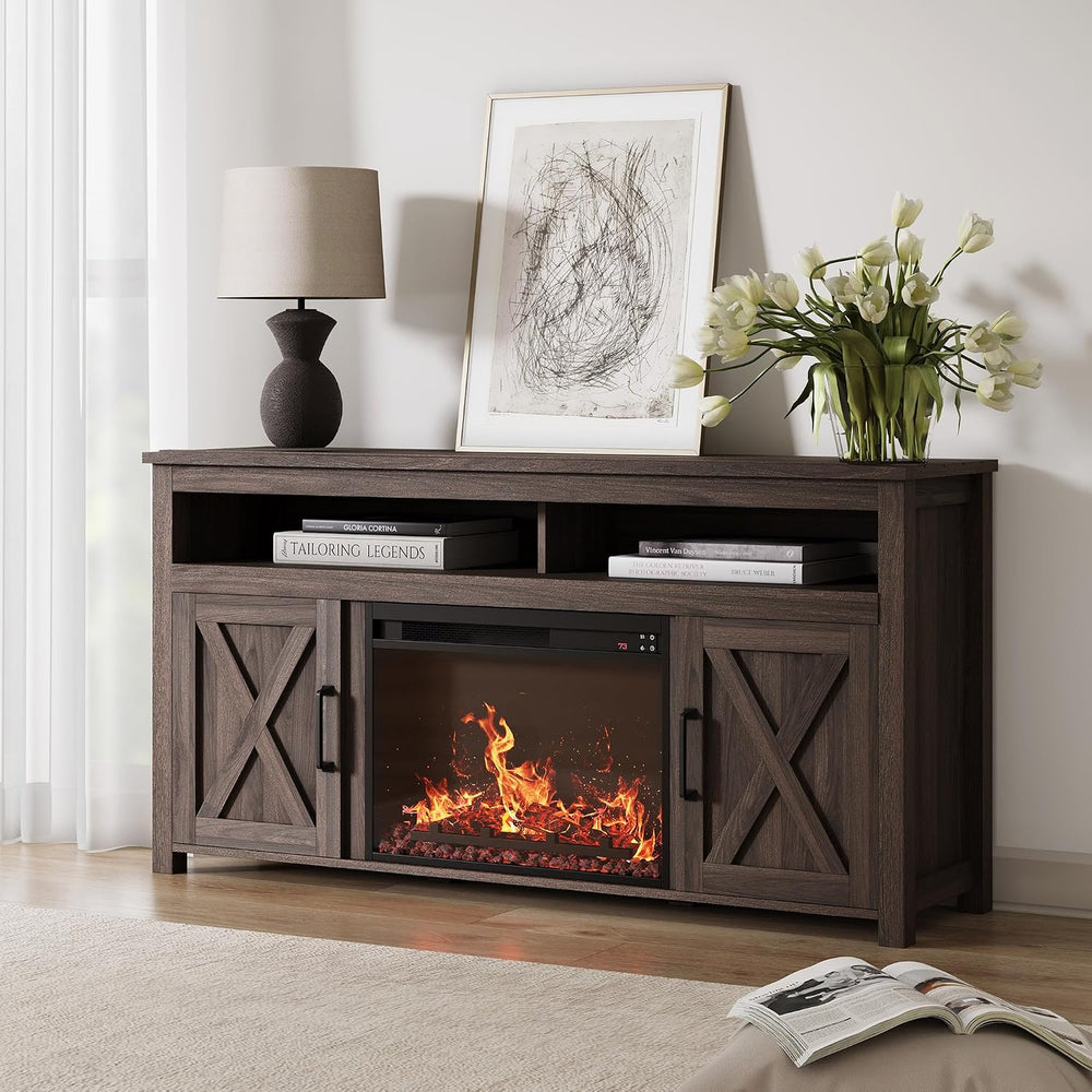 BELLEZE Corin 58" TV Stand with 23" Electric Fireplace - Dark Walnut