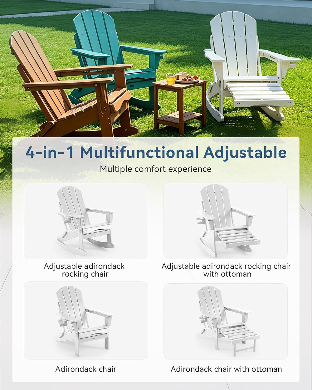 Adirondack Rocking Chair Set of 4 with Retractable Ottoman and Cup Holders, H...