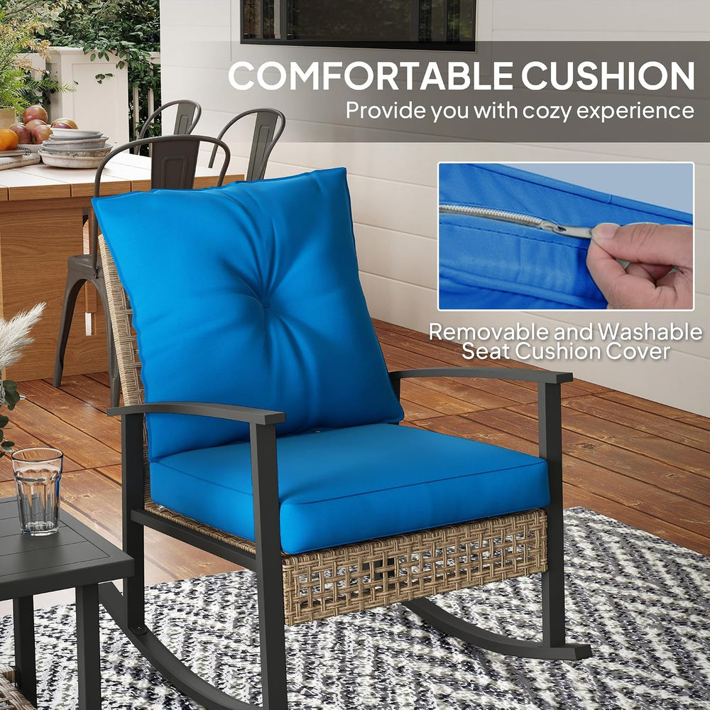 Outsunny 3 Pieces Rocking Wicker Outdoor Bistro Set Porch Chairs Dark Blue