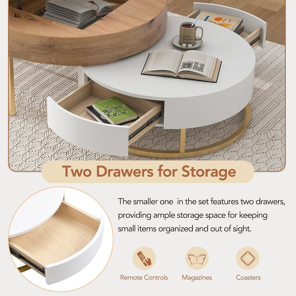 Modern Round Lift-top Nesting Coffee Tables with 2 Drawers for Living Room Wh...
