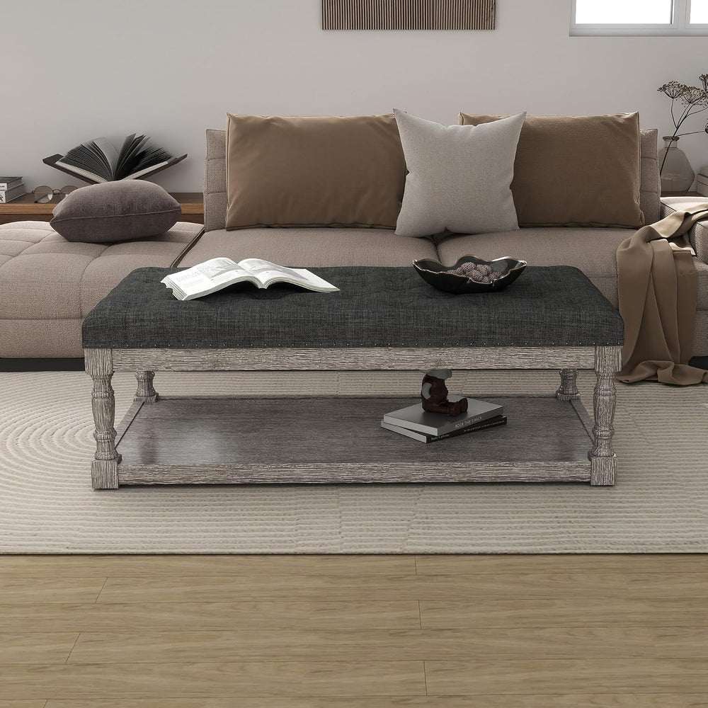 48" Large Ottoman with Storage Coffee Table, Upholstered Tufted Linen Ot...