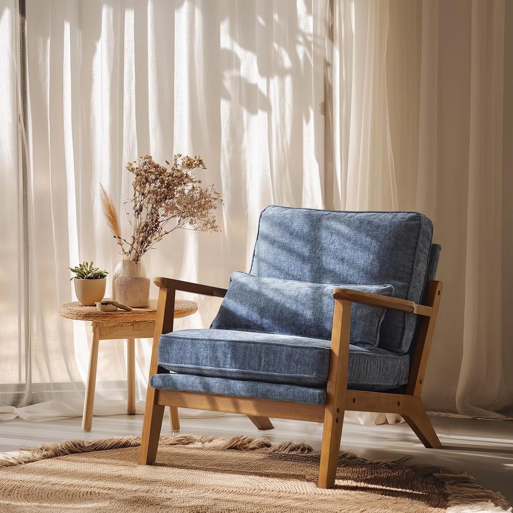 VINGLI Solid Wood Wide Armrests Accent Chair,Upholstered Mid Century Modern C...