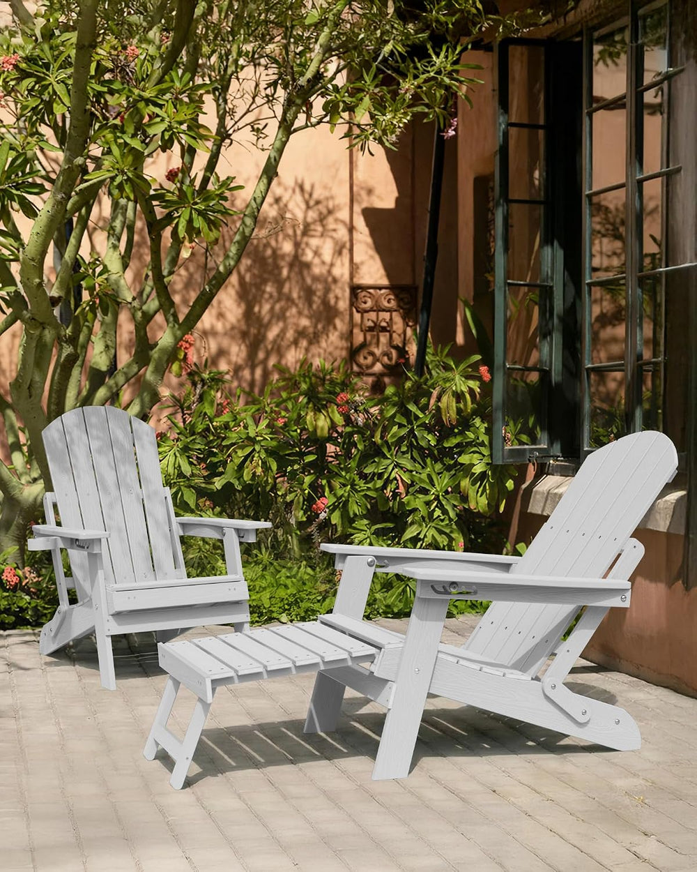 YEFU Adjustable Adirondack Chair with Footrest,All-Weather, Set of 2,White