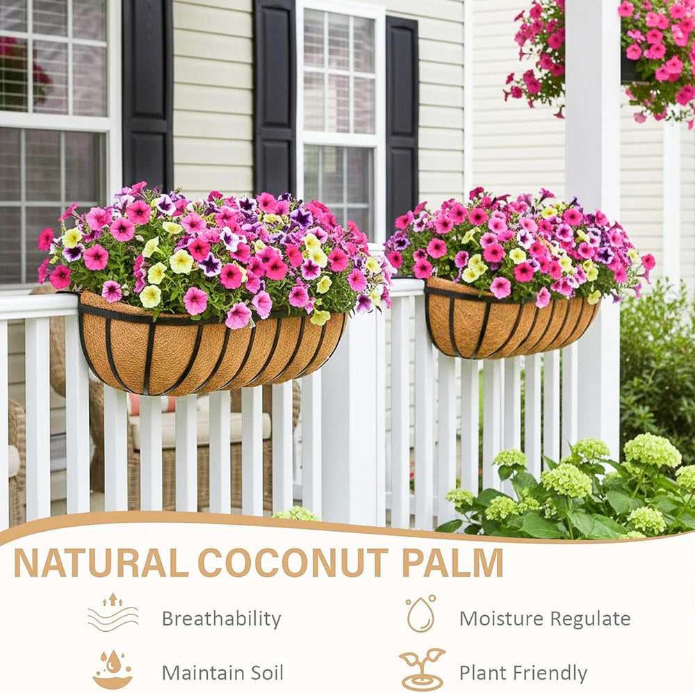 Window Box Railing Planter with Coco Liner 2 Pack 16 Inch Metal Hanging Flowe...