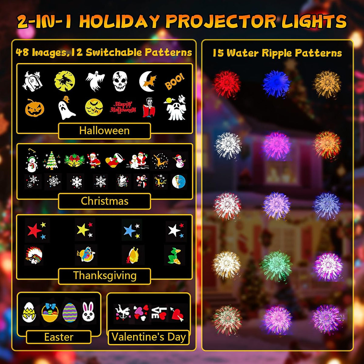 Halloween Projector Lights Outdoor, 2-In-1 HD Moving Pattern Holiday Projector Lights with Remote Control (12 Slides, 15 Colors), Three Fixing Methods, IP65 Waterproof Halloween Decorations with Timer