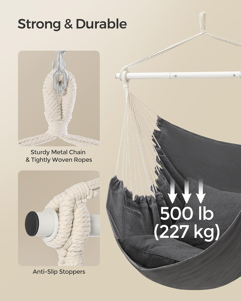 SONGMICS Hammock Chair, Load Capacity 330.7 lb, with 2 Cushions and Pockets