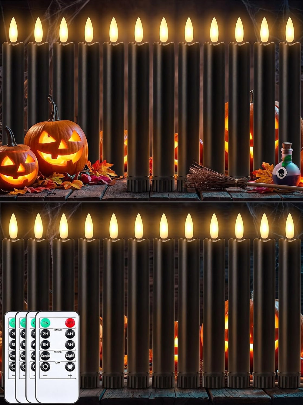 Funtery 24 Pcs Halloween Black Flameless Taper Candles with Remote Timer