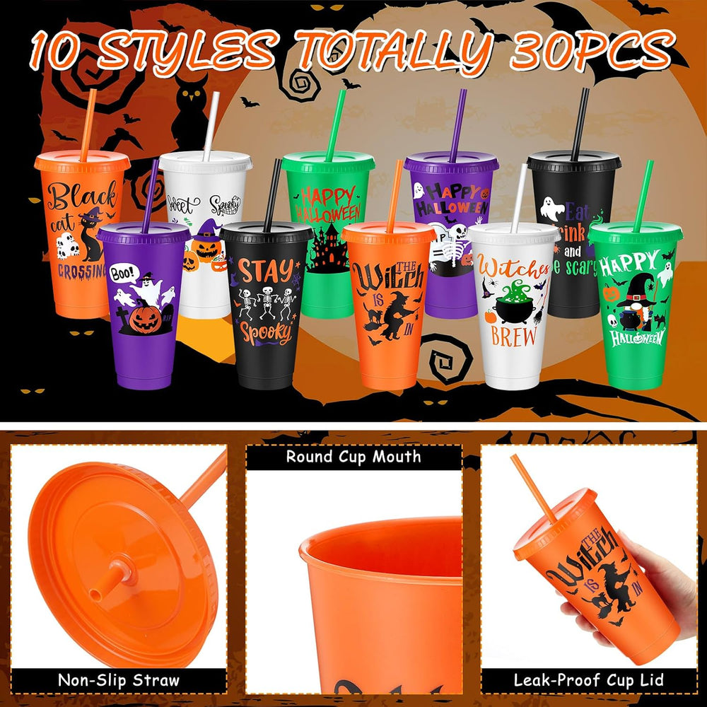 Chuangdi 30 Pack Halloween Tumblers with Lids Straws 24 oz Pumpkin
