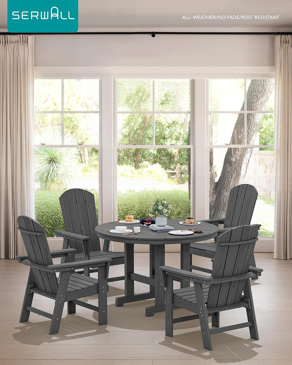 SERWALL 5-Piece Patio Dining Set, 45" Table & 4 Adirondack Chairs, Grey