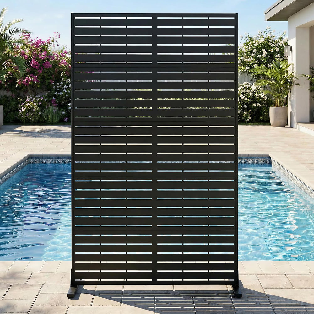 Metal Freestanding Privacy Screen Panels, Black Louvered