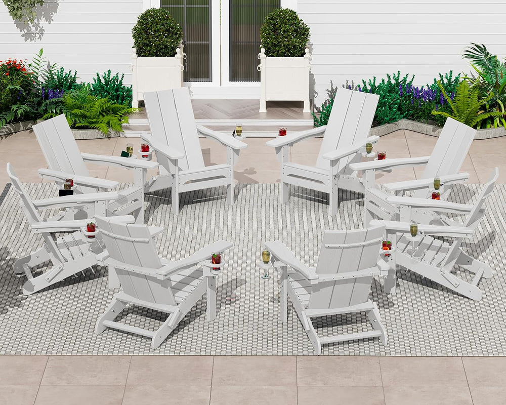 SERWALL Modern Folding Adirondack Chairs Set of 6, HDPE, Cup Holders, White