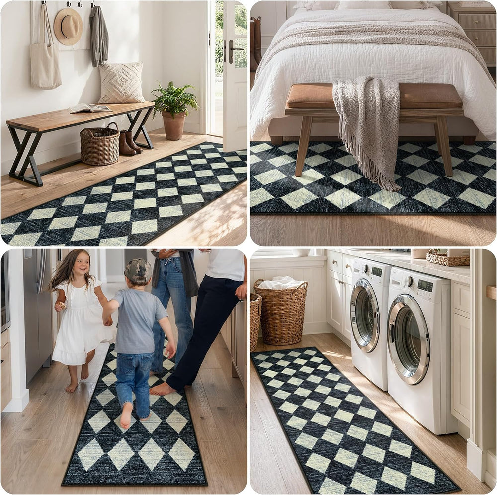 Checkered Kitchen Runner Rug 2x6 Black, Non Slip Washable Hallway Bathroom