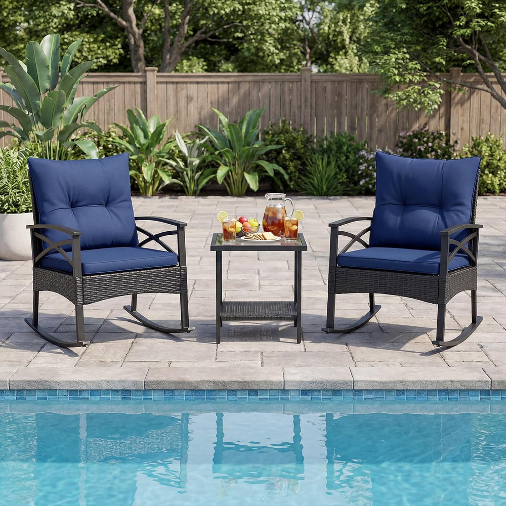 HAPPYGRILL 3 Piece Rocking Bistro Set PE Rattan Rocker Chairs with Table and ...
