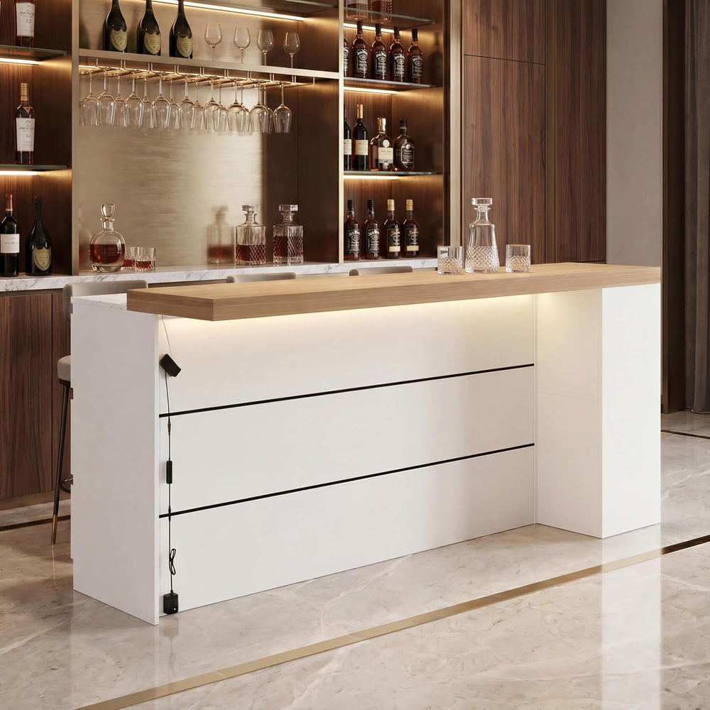 82.7" Large Bar Table Kitchen Station, Home Bar Unit with Lighting, 3 Dr...