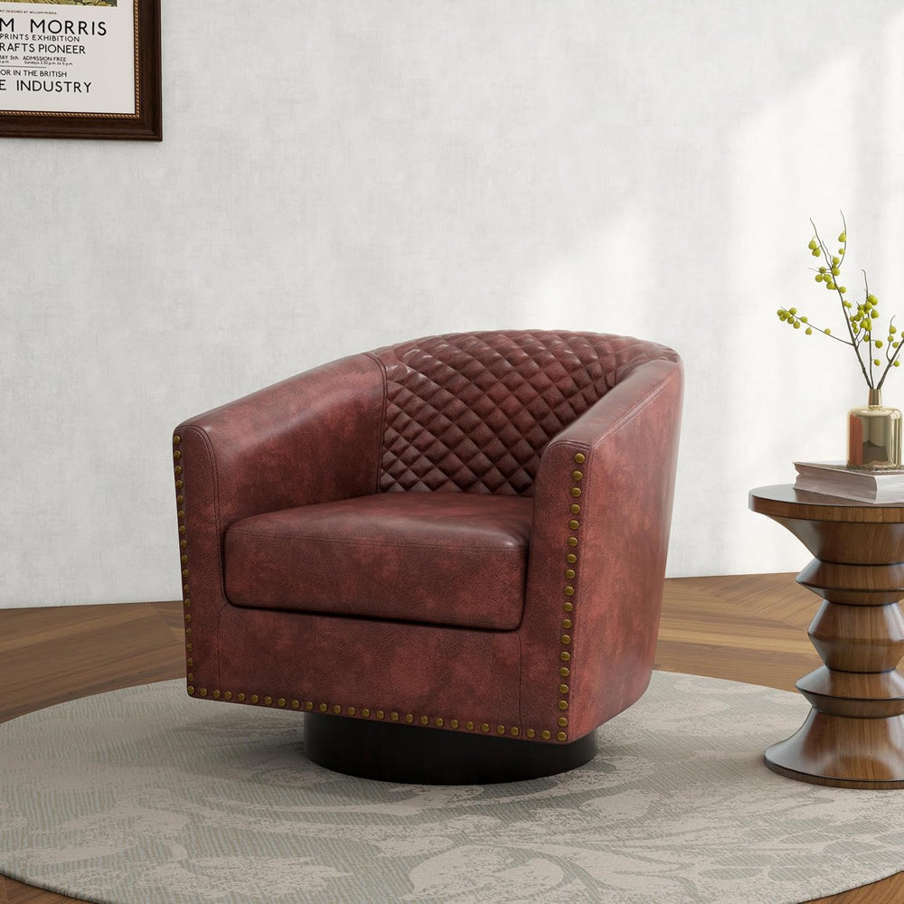 Faux Leather Swivel Accent Chair, Barrel Club Armchair, Red Brown