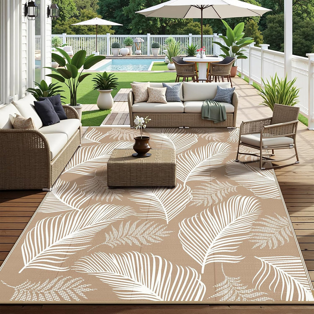 Pauwer Waterproof Outdoor Rug 9x12, Plastic Straw Patio Rug, Leaf Brown