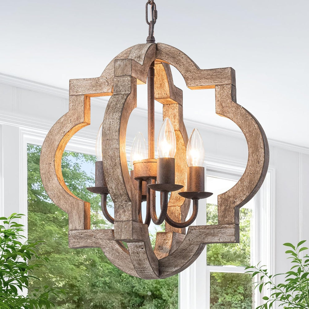 16" Farmhouse Chandelier Orb Distressed Wood Oak Dining Room Light Fixture