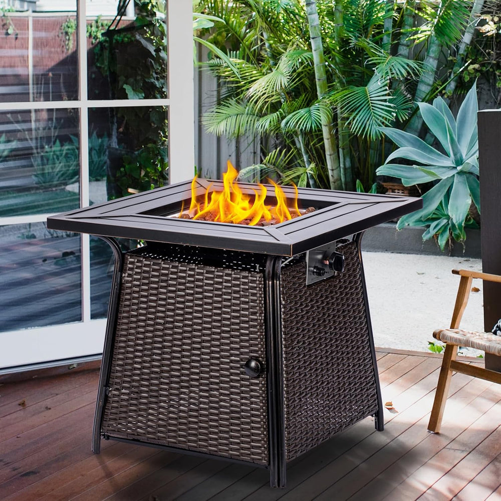 OutVue 28 inch Wicker Rattan Propane Fire Pit Table,50000 BTU Gas Fire Pit