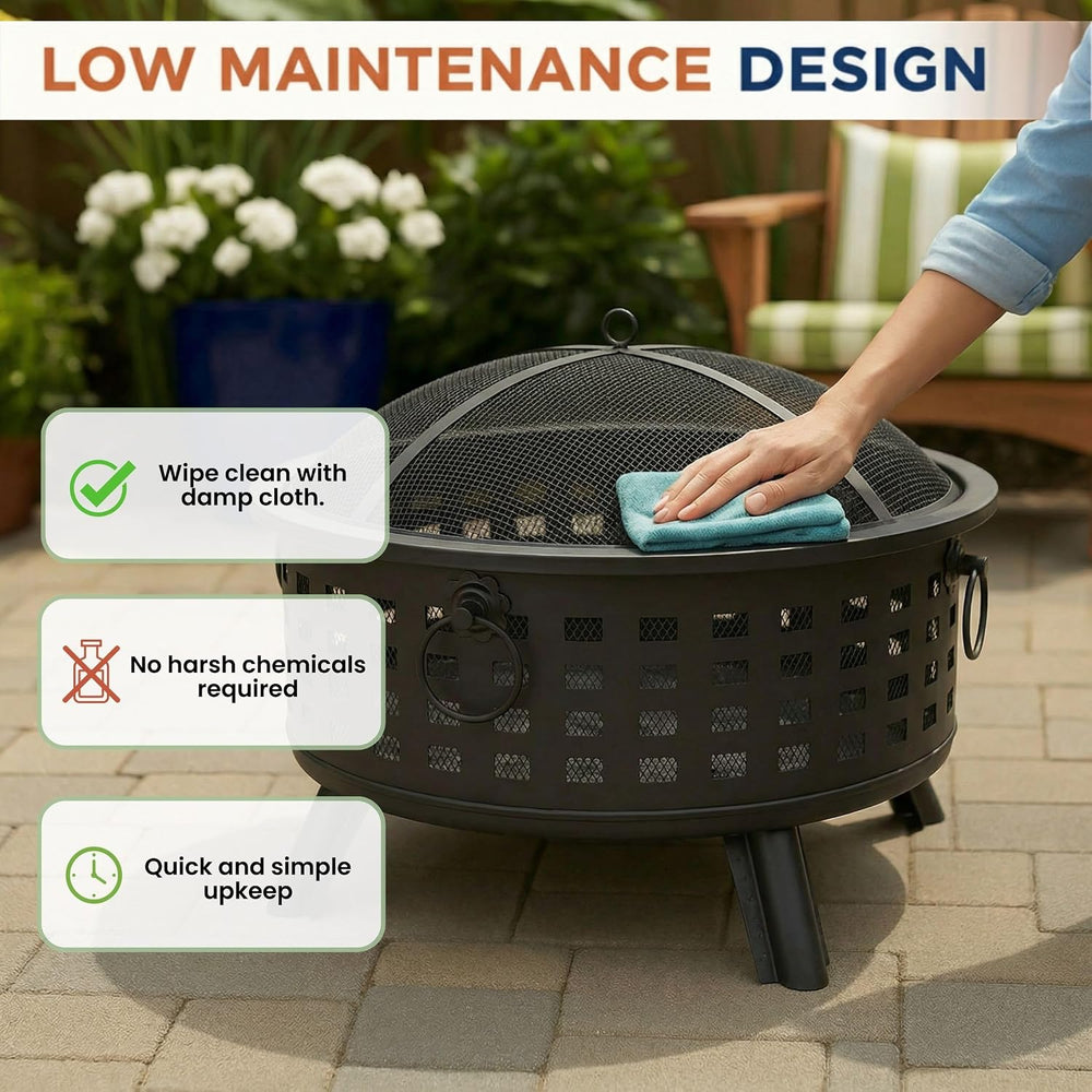 Outdoor Fire Pit - 26-Inch Round Lattice Wood Burning Firepit with Screen, Po...