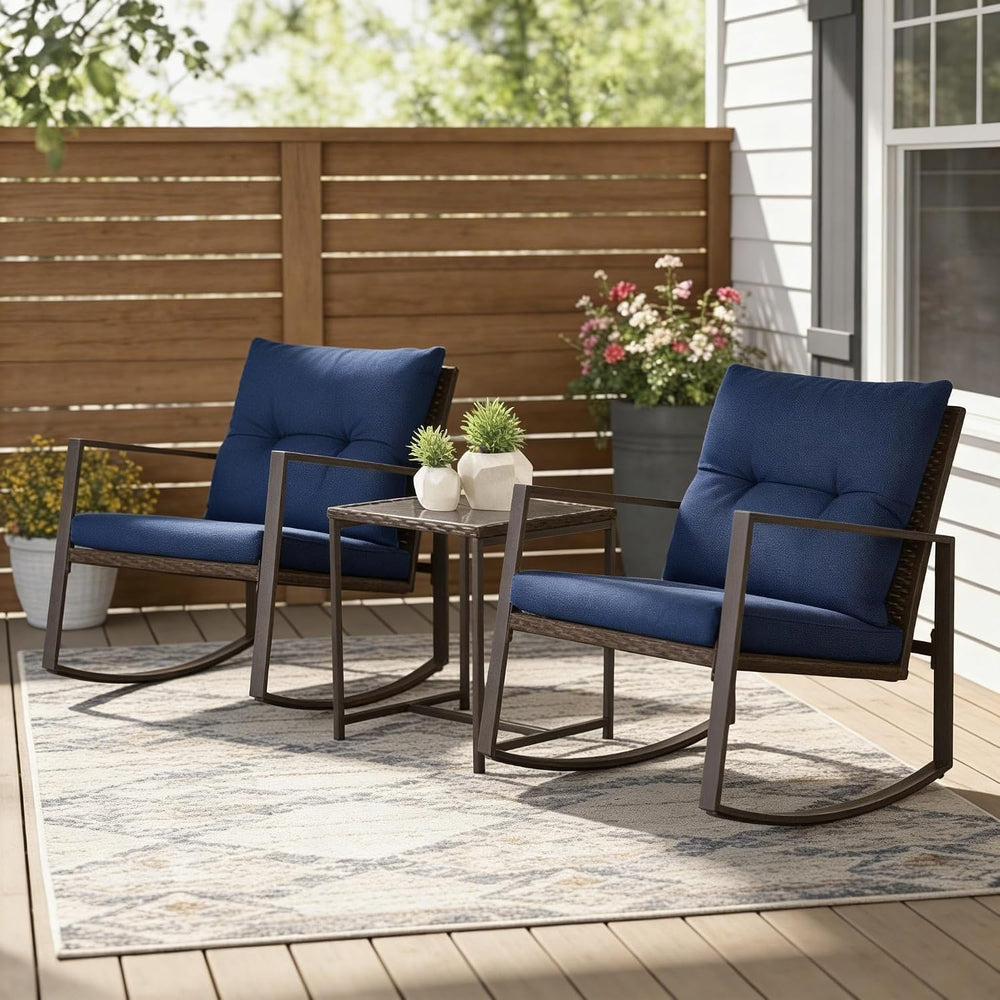 SUNCROWN 3 Piece Outdoor Rocking Bistro Set Brown Wicker Furniture Porch Chai...