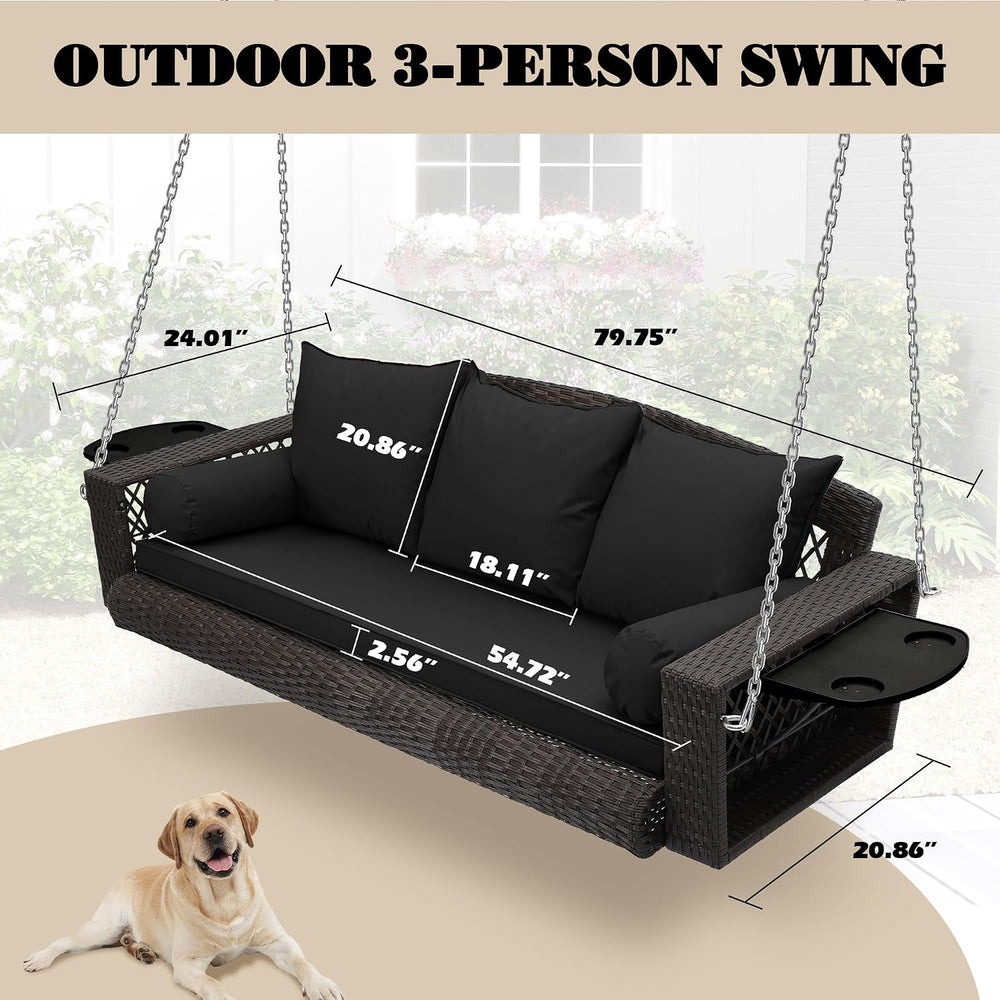 3-Person Hanging Porch Swing, Outdoor Wicker Swing Chair, 76 Inch Bench with ...