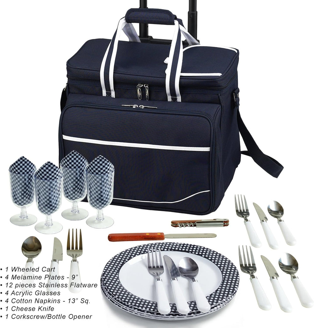 Picnic at Ascot Original Insulated Picnic Cooler with Service for 4 on Wheels...