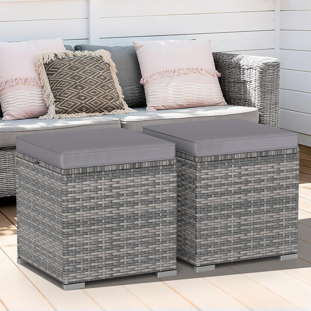 Tangkula 2 Pieces Patio Ottomans, Patiojoy Hand-Woven PE Rattan Side Table wi...