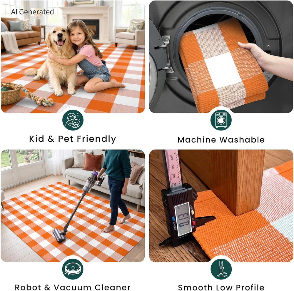 KOZYFLY Buffalo Plaid Rugs 4x6 ft Halloween Orange and White Front Door Rug