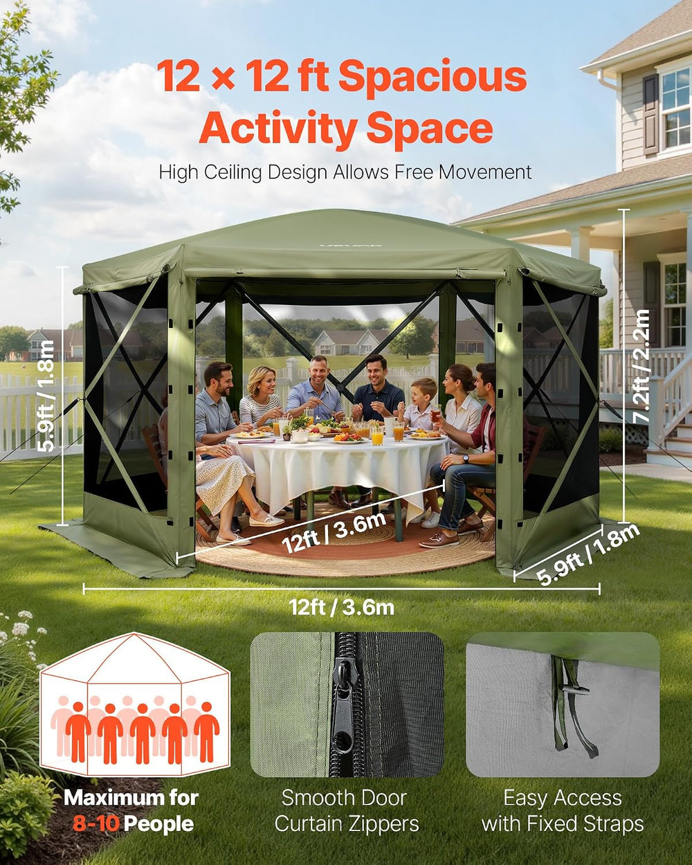 VEVOR Pop up Gazebo Screen Tent, 12 x 12 ft Large 6-Sided Camping Canopy Tent...