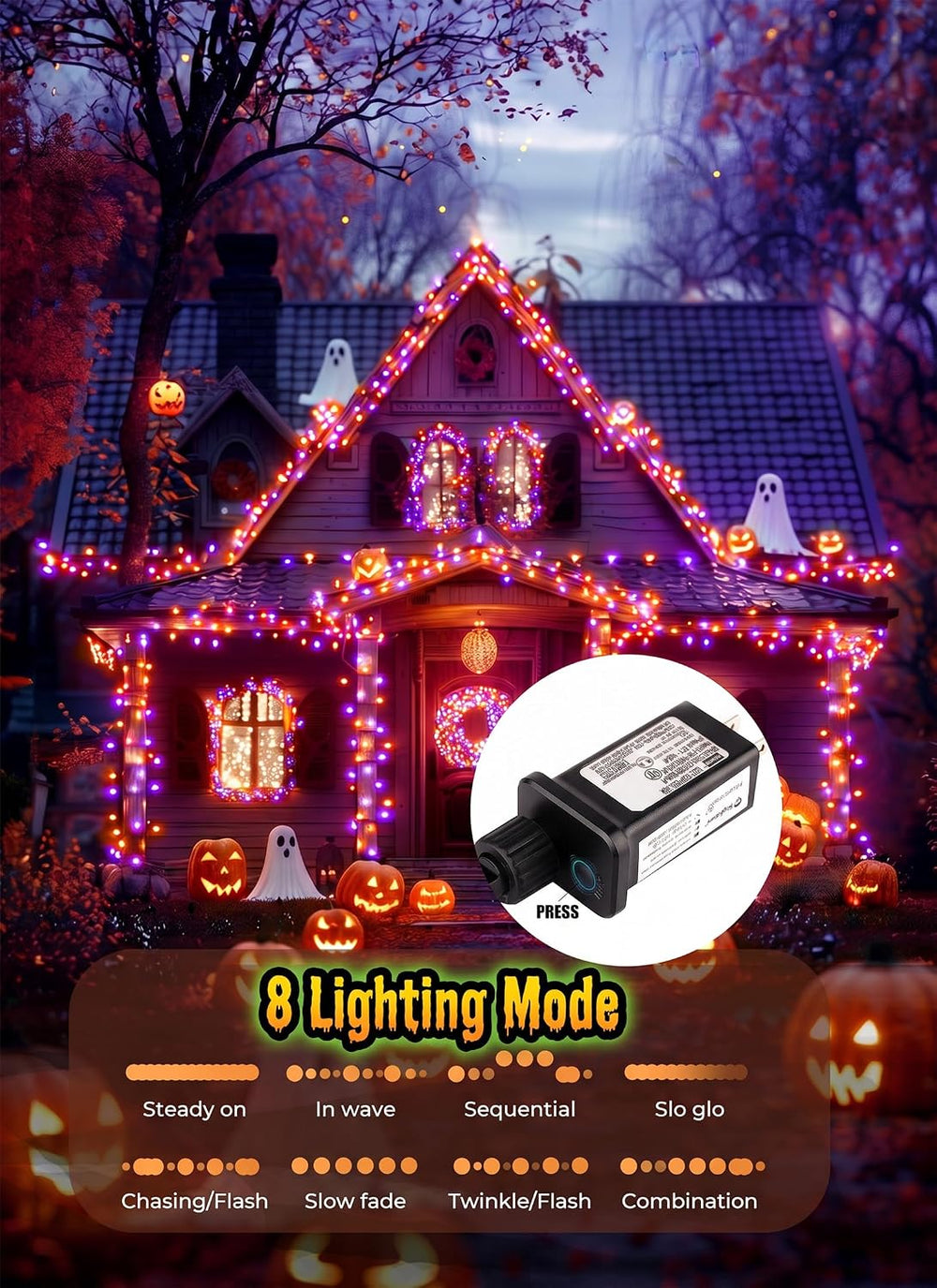 2Pack Orange & Purple Outdoor Halloween Lights,39Ft 100LED Christmas Lights