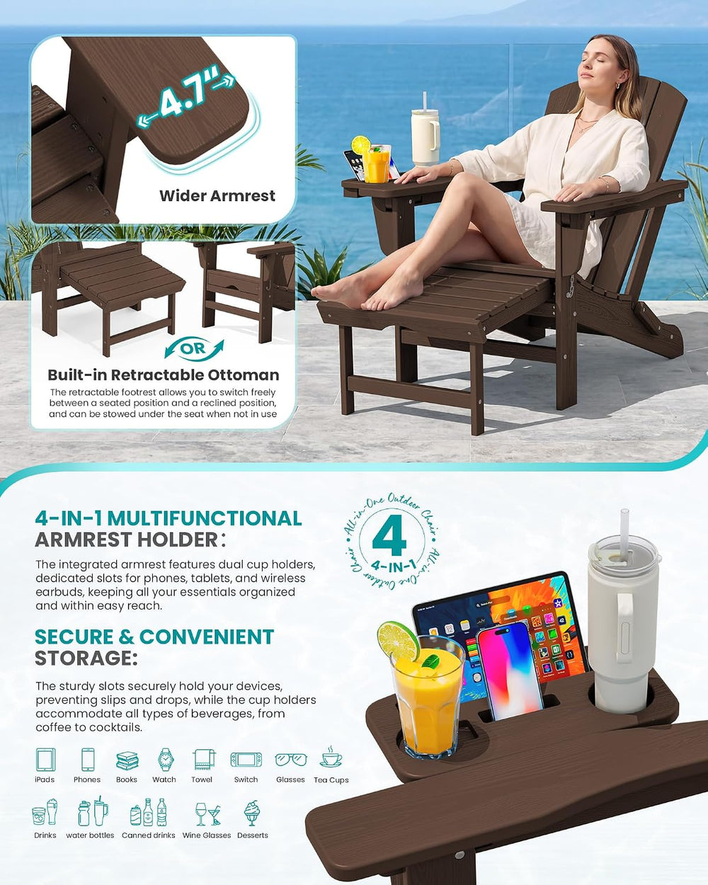 SERWALL Folding Adjustable Adirondack Chair with Footrest, HDPE Outdoor Chair...