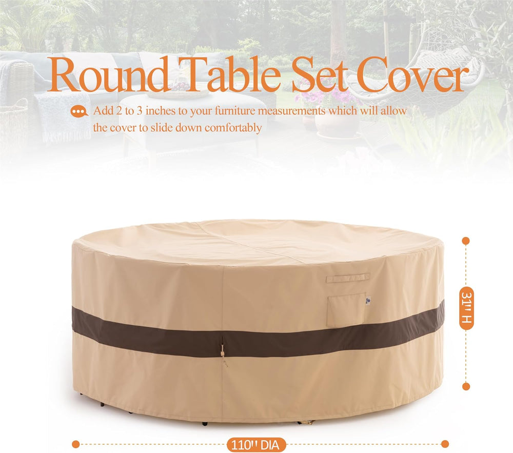 WJ-X3 XL Round Patio Outdoor Furniture Cover, 110"D x 31"H, Beige &...