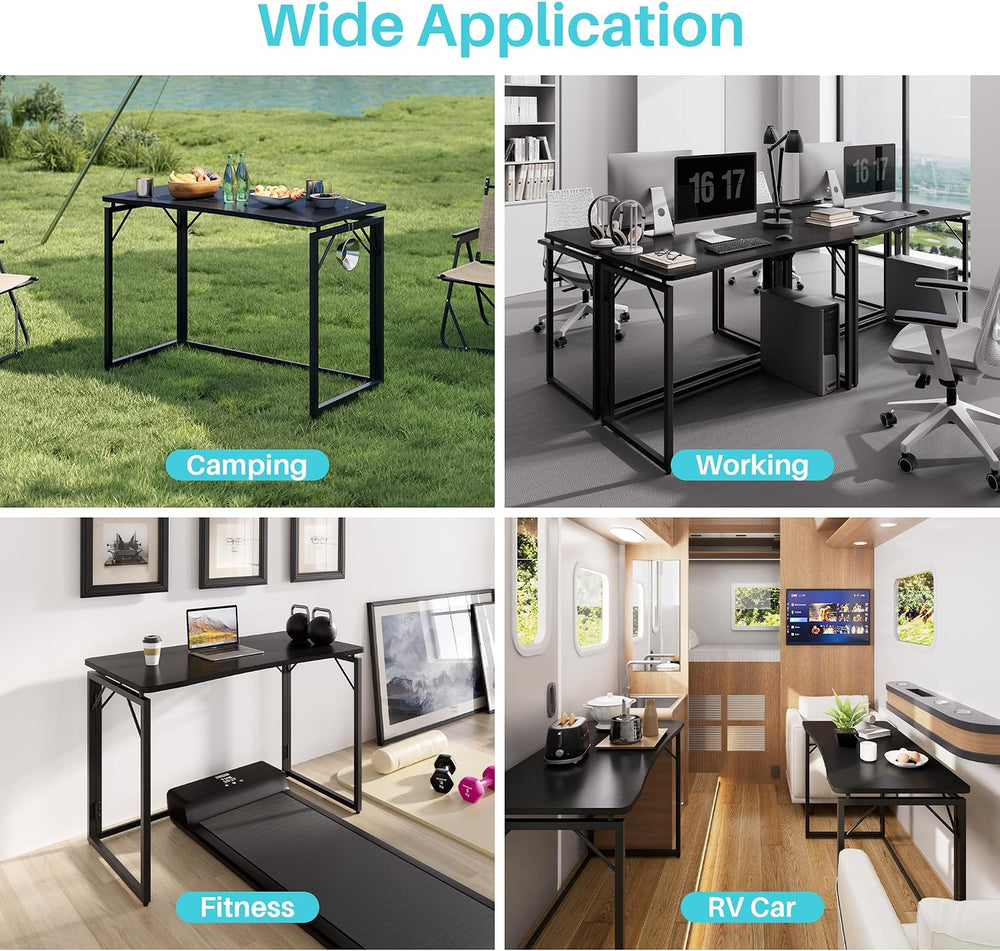 JOYMOOP 31.5" Black Folding Desk, No Assembly, Wooden Top, Small Size
