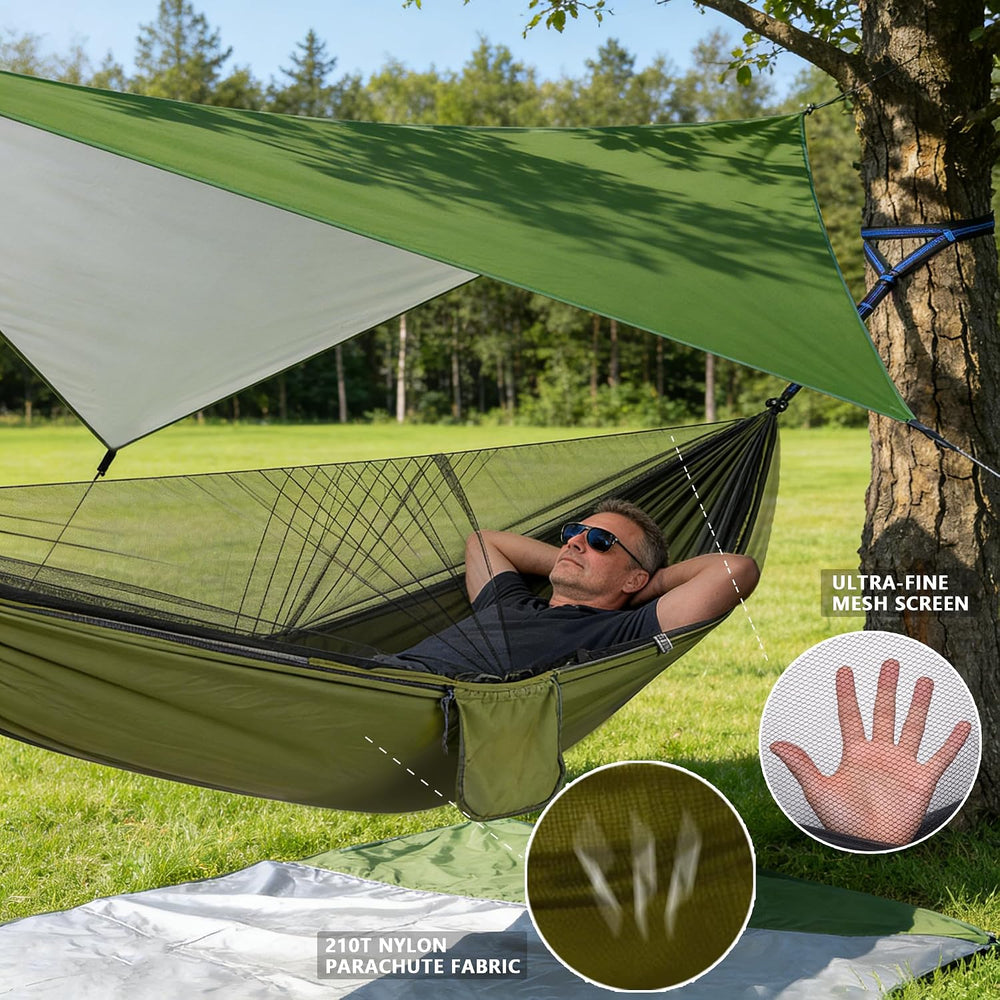 Camping Hammock with Rain Fly Tarp Mosquito Net Heavy Duty Tree Straps Portab...