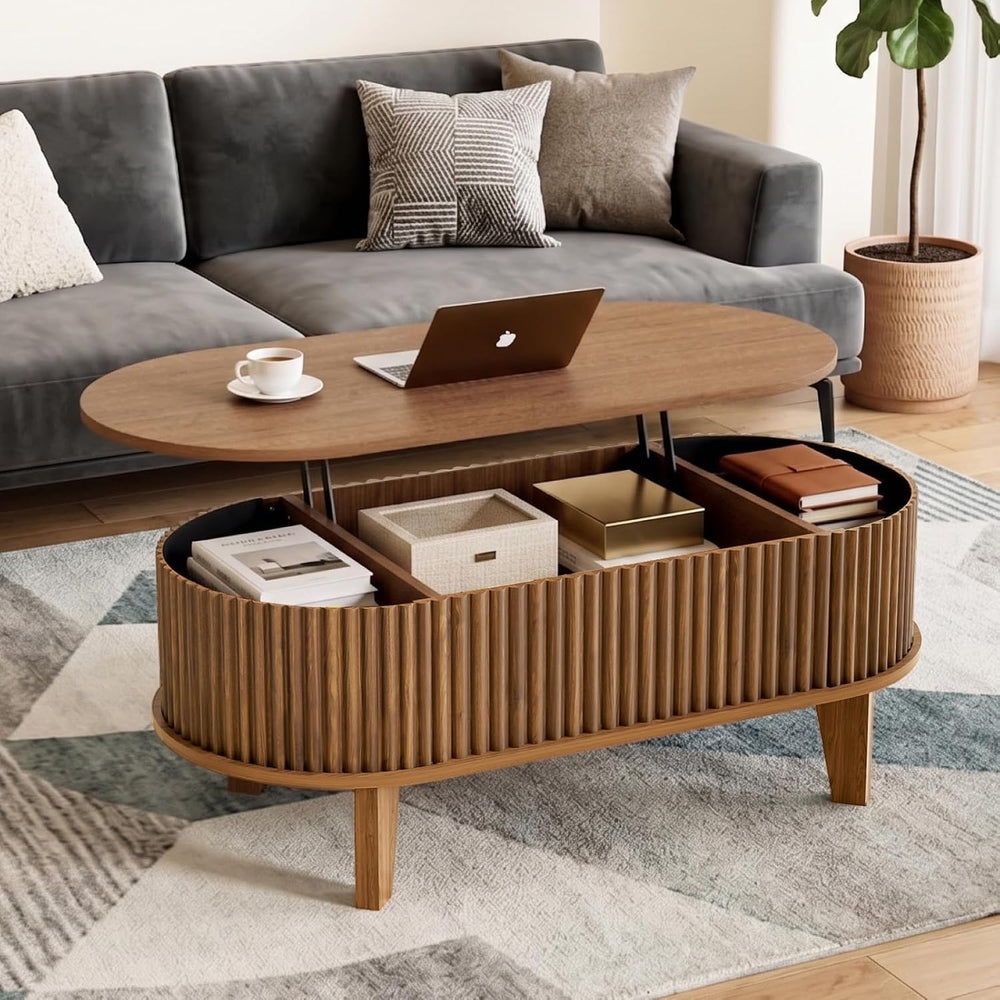 Oval Lift Top Coffee Table with Storage, 41" Wood Fluted Modern Living R...
