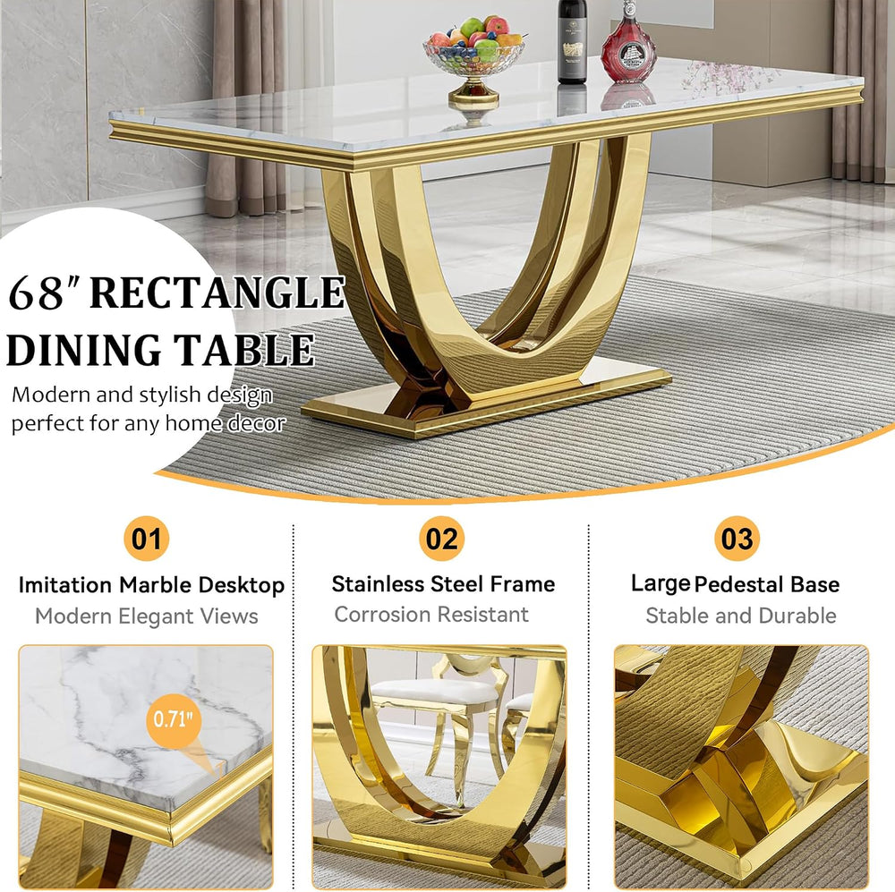 68" Marble Dining Table Set for 4, Luxury White Gold Kitchen Table with ...