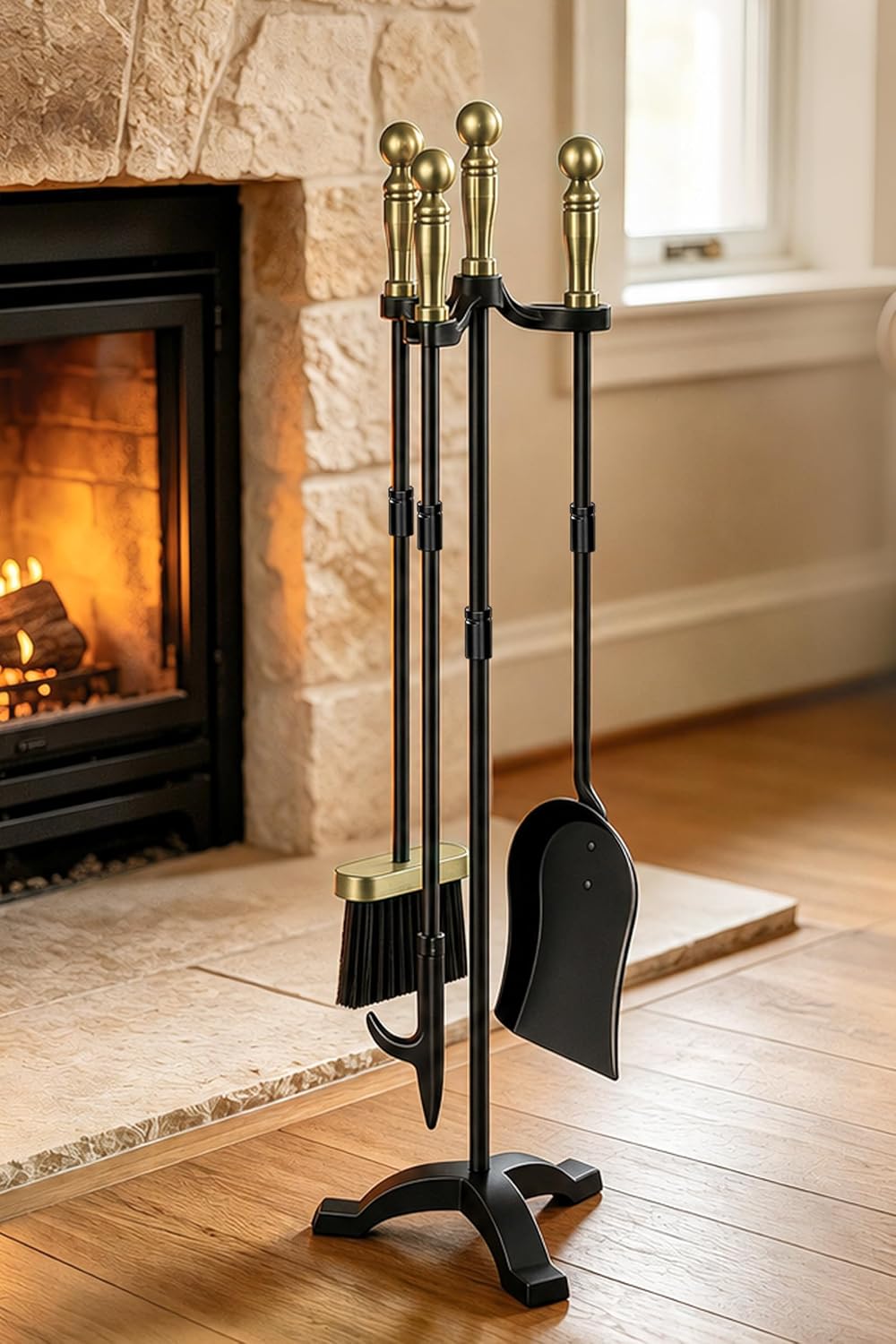 Gtongoko Antique Brass Fireplace Tools Set, 30 Inch Heavy-Duty Wrought Iron