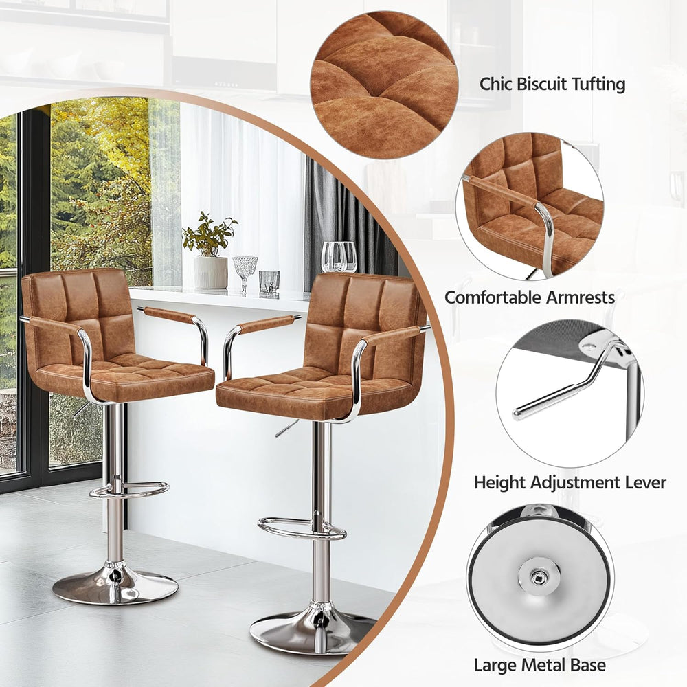 Yaheetech Bar Stools Set of 2 with Backs, Height Adjustable, Retro Brown
