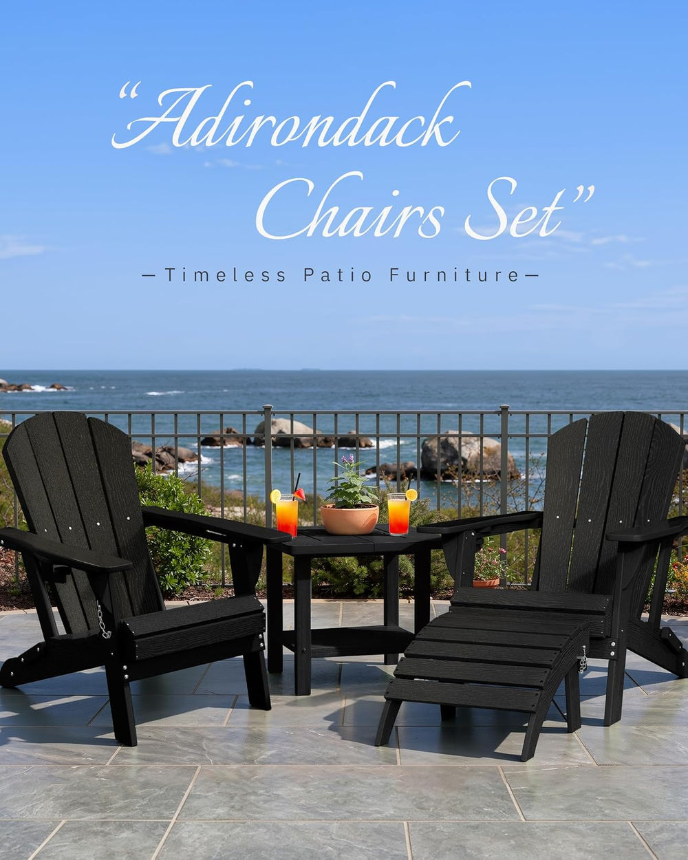 AreShark HDPE Folding Adirondack Chair with Cup Holder, Set of 2, Black